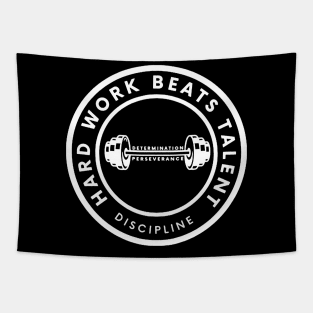 dumbbell design with motivational phrase ( hard work beats talent) Tapestry