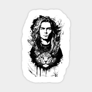 black white graphic illustration man angry tiger cats Magnet