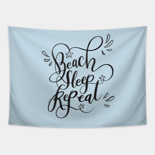 Beach Sleep Repeat Black Hand Lettering Design Tapestry by DoubleBrush