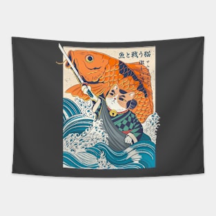 Samurai cat and koi fish Tapestry