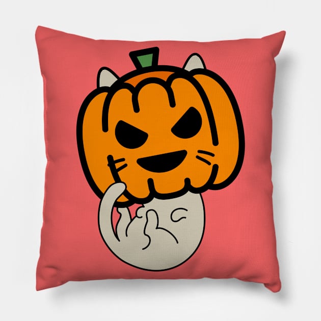 Smiling Pumpkin Mask Cat Pillow by GlanceCat