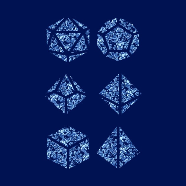 Delft Blue Gradient Rose Vintage Pattern Silhouette Polyhedral Dice - Dungeons and Dragons Design by GenAumonier