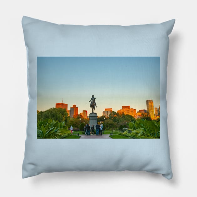 George Washingto statue, Boston USA - October 13 2014; City buildings catch late afternoon sun beyond Monument set against a blue sky in Boston Public Garden, Pillow by brians101