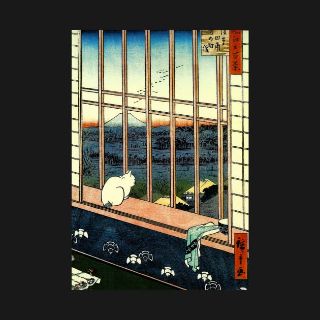 Cat Neko looking at Mount Fuji Japanese art by geekmethat