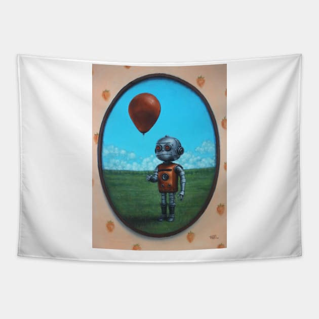 Soon We'll All Have Friends | Robot Boy with Red Balloon | Apocalypse future adorable | Cute and weird cyborg kid Tapestry by Tiger Picasso