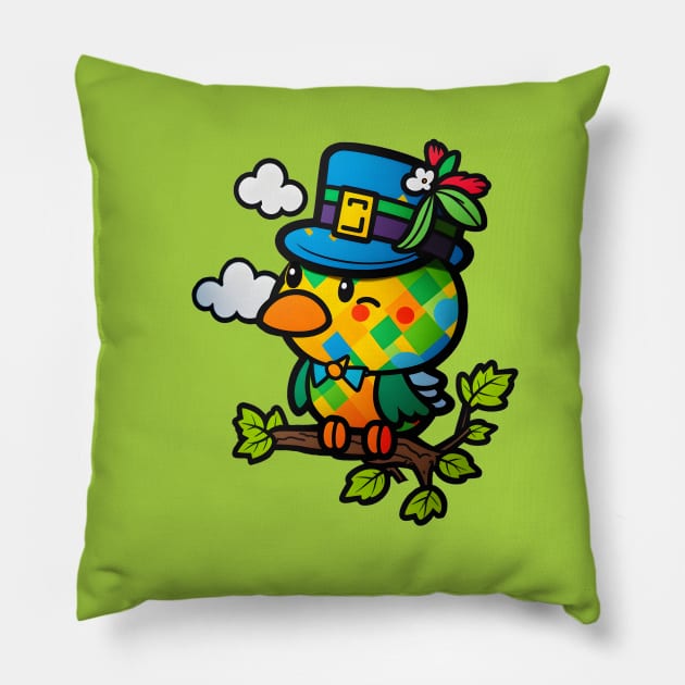 St. Patricks Adorable Green Bird in Blue Hat Cartoon Art Pillow by Xtian Dela ✅