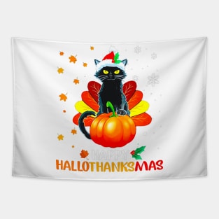 Black Cat Halloween And Merry Christmas Happy Hallothanksmas Tapestry