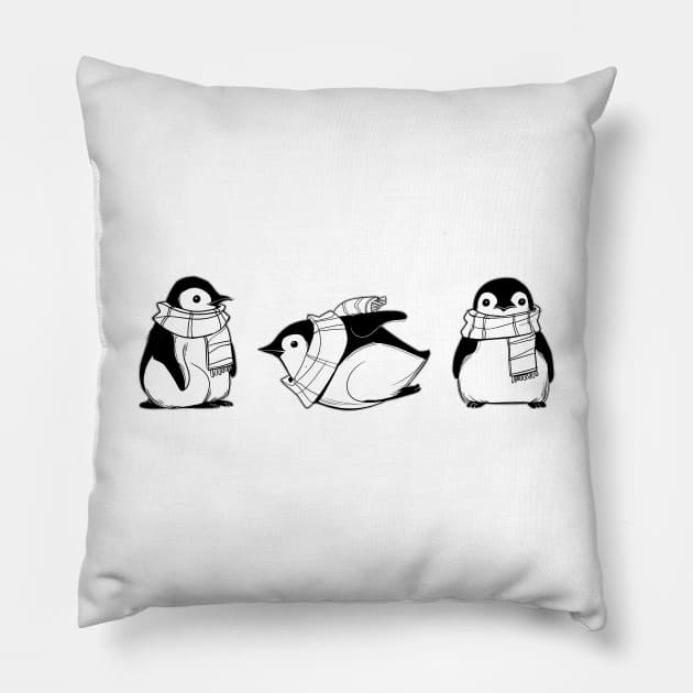 Winter Penguins with scarves Pillow by evumango