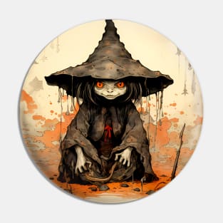 Halloween Apprentice: The Little Goblin Witch on a Dark Background Pin