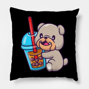 Cute Bulldog With Bubble Milk Tea Cartoon Pillow