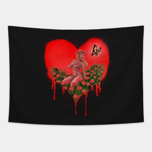 LOVE HEART with BUTTERFLY and ROSES - Graffiti Style (Red) Tapestry