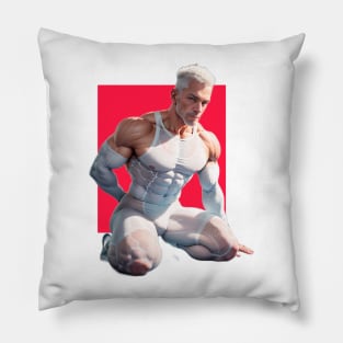 Handsome and muscular kneeling nordic mature man in white compression suit Pillow