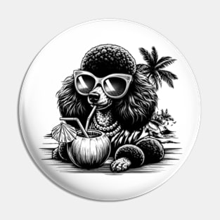 poodle dog wearing sunglasses drinking a coconut drink on a tropical beach Pin