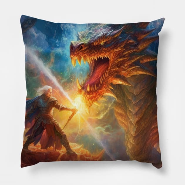 Clash of Legends: The Epic Battle Unfolds Pillow by MerlinArt