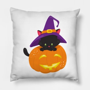 Halloween Cat, Black Cat, Witch Hat, Pumpkin Pillow