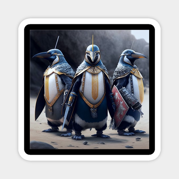 Knights of the Arctic: Penguin Trio Battles On Magnet by Stupid Coffee Designs