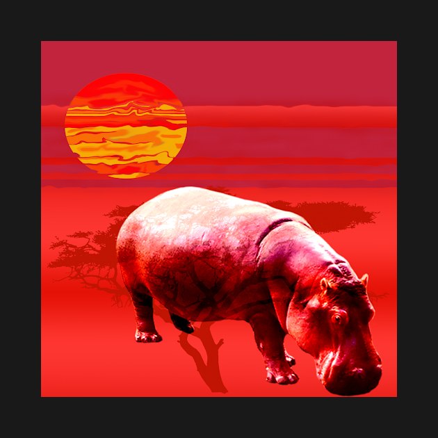 Africa Hippo Sunrise Desert Red Gift T-Shirt by gdimido