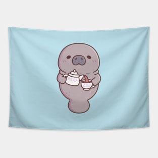 Cute Manatee Pouring Tea Into Teacup Tapestry