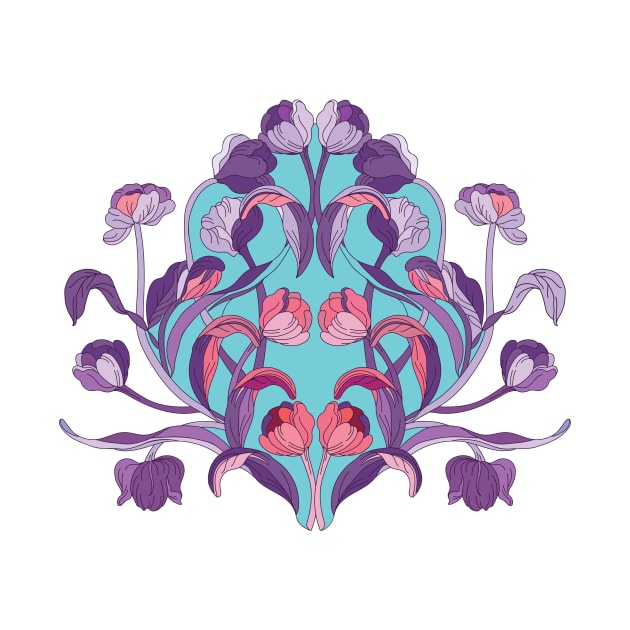 Chinoiserie Motif tulips in lush floral vignette. Plum violet and salmon pink by IngaDesign