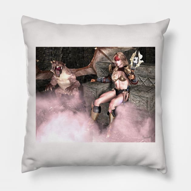 Warrior woman queen dragon on throne with battle axe Pillow by Fantasyart123