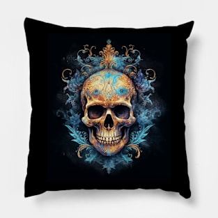 Skull on Blue Fire: Baroque Vintage Ornament Background Pillow