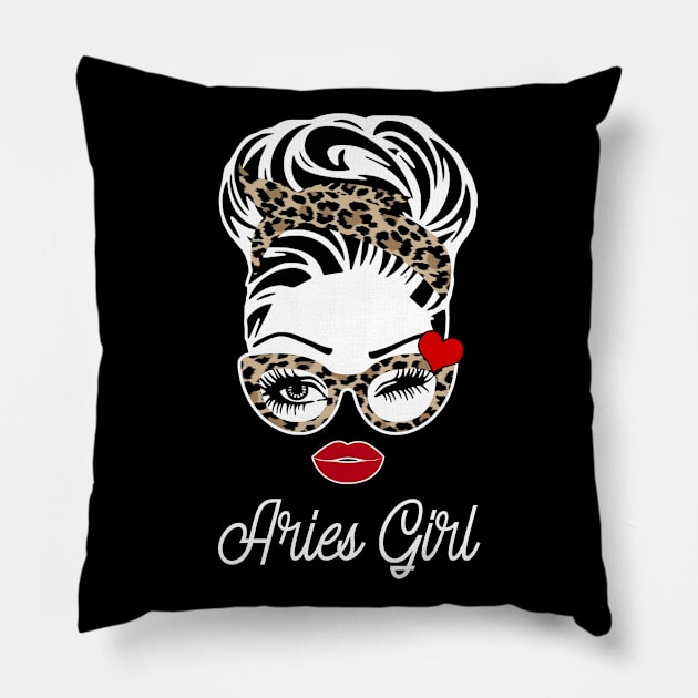 Womens Aries Girl Wink Eye Woman Face Bandana Leopard Was Born In March Pillow by gussiemc