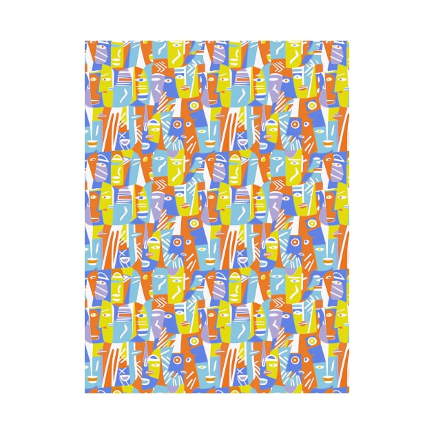 Cubist ethnic faces lavender yellow by Remotextiles