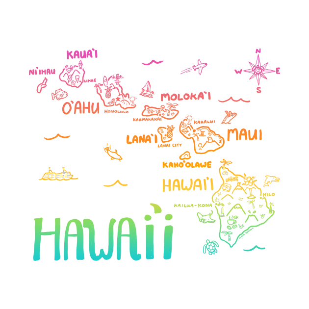 Hawaii Illustrated Map Rainbow Color by Claire Lordon