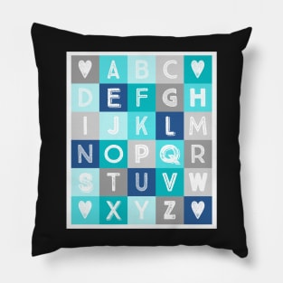 Blue Teal Grey Alphabet art decor pattern Pillow