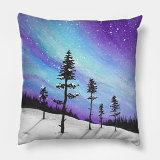 Dancing aurora on snowy landscape watercolor artwork Pillow