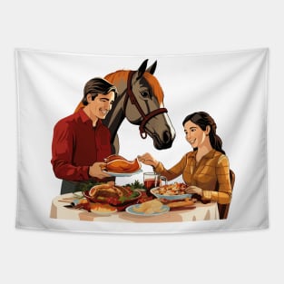 Couple And Horse Thanksgiving Dinner Tapestry