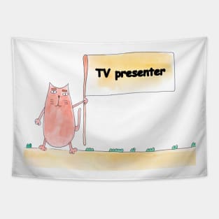 TV presenter. Profession, work, job. Cat shows a banner with the inscription. Watercolor illustration. A gift for a professional. Tapestry