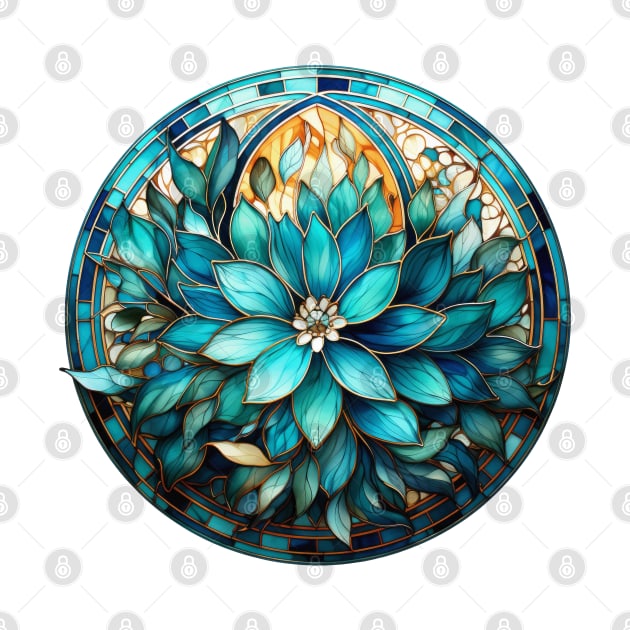 Stained Glass Aqua, Turquoise and Teal  Flower Mandala by karenmcfarland13