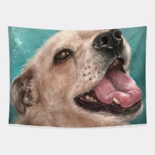 Painting of a Happy Blond Labrador Smiling on Light Blue Background Tapestry