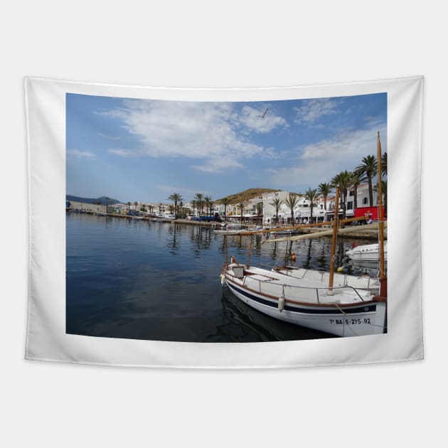 Fishing boat at Fornells, Minorca, Spain Tapestry by fantastic-designs