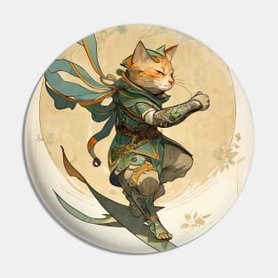Fantasy Samurai Cat Surfer Art Nouveau Pin