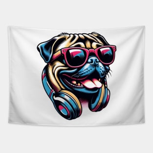 Grinning Pug DJ Enjoys Music in Bold Japanese Art Tapestry