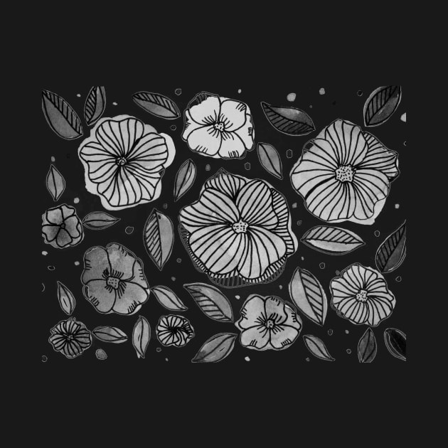 Watercolor and ink flowers - black and white by wackapacka