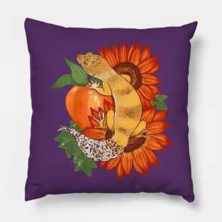 Leopard Gecko and Sunflowers Pillow