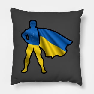 Ukrainian Hero Wearing Cape of Ukraine Flag Representing Hope and Peace Pillow