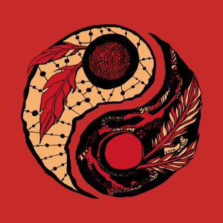 Red and Cream Feathers Yin Yang T-Shirt