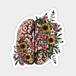 Brain, leaves, pink flowers and sunflowers, Positivity, creativity, right hemisphere brain, health, Menta Magnet