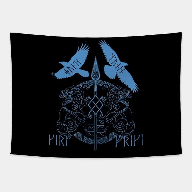 Odin Spear Viking Wolf Raven Gungnir Runes Blue Tapestry by Blue Pagan