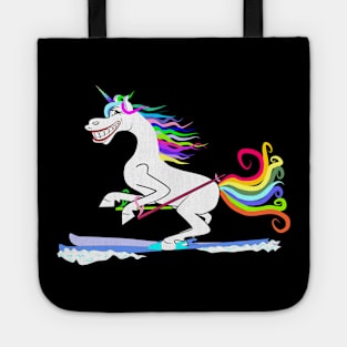 Unicorn funny skiing through the snow with colorful mane and tail Tote