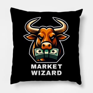 Market Wizard Bull Graphic T-Shirt, Stock Trader Gift, Financial Advisor Tee, Investor Fashion, Money-Themed Casual Wear Pillow