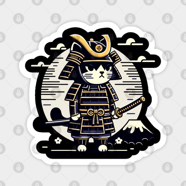 Kawaii Cat Anime Japanese Retro Samurai Novelty Funny Cat Magnet by KsuAnn