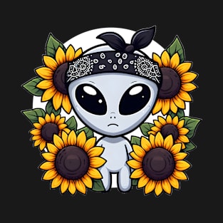 Alien with bandana and sunflowers T-Shirt