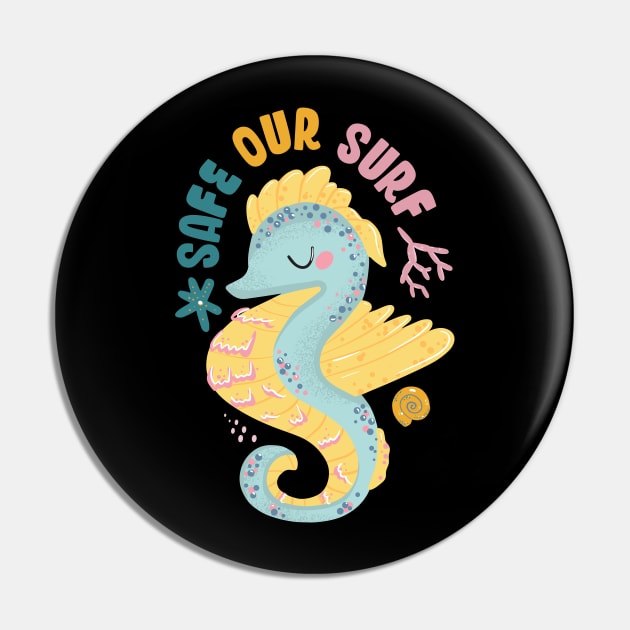 Safe our Surf quote with cute sea animal sea horse, starfish, coral and shell aesthetic pastel color illustration. Pin by jodotodesign