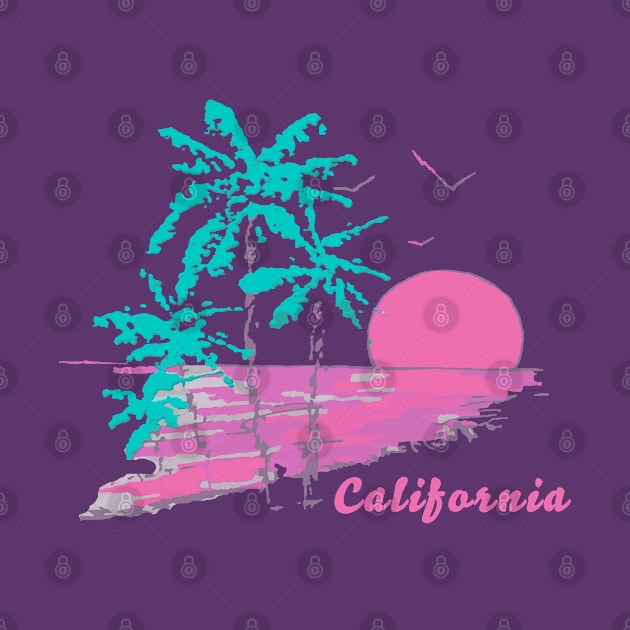 California Dreaming Bright Sunrise or Sunset Over the Beach and Ocean with Palm Trees and Birds by Souvenir T-Shirts