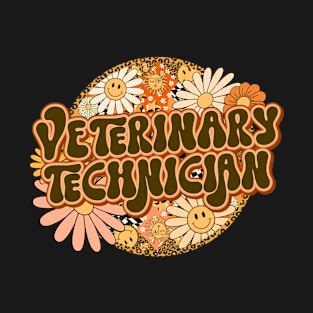 Veterinary Technician Retro Groovy Floral Leopard T-Shirt